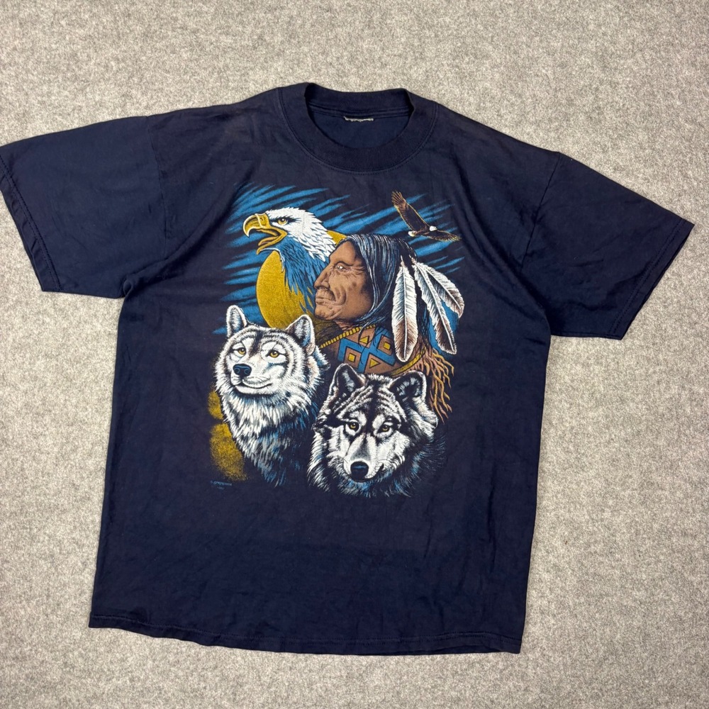 Vintage 1993 Springhill Native American Wolves Eagle T-Shirt Navy Blue Large